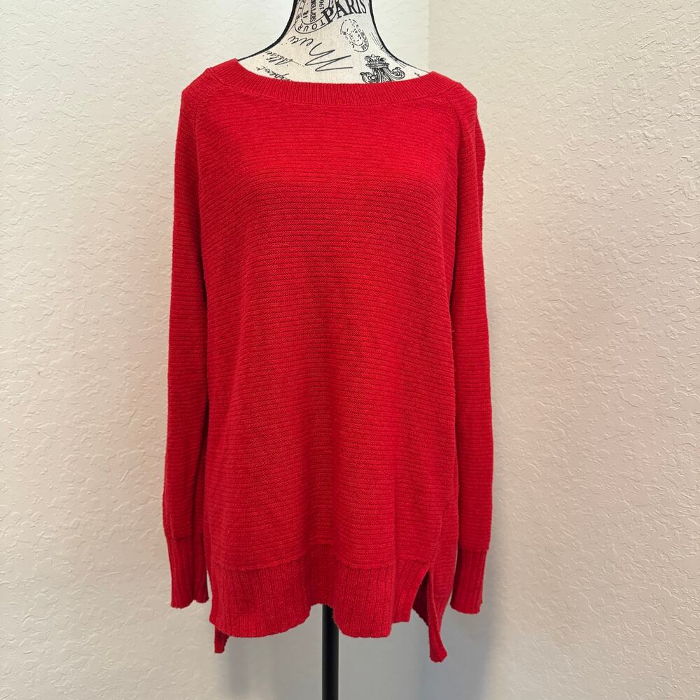 Old Navy Size Large Red Crew Neck Tunic Sweater Textured Rib Side Slits Shaker
